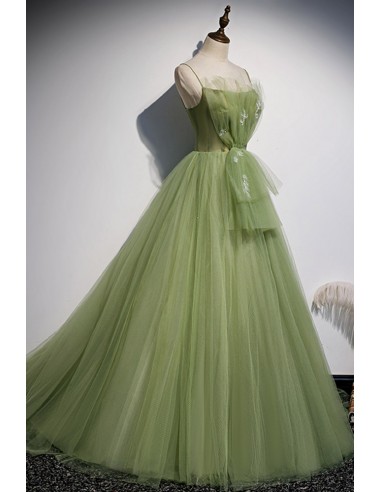 Long Green Puffy Tulle Prom Dress with Spaghetti Straps - $128.992 #V78261  - SheProm.com