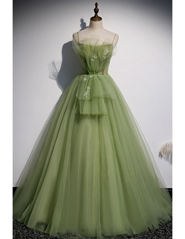 Long Green Puffy Tulle Prom Dress with Spaghetti Straps