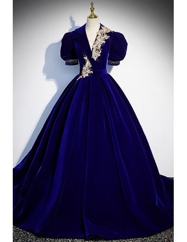 Elegant Blue V-neck Formal Ballgown Evening Dress with Short Sleeves
