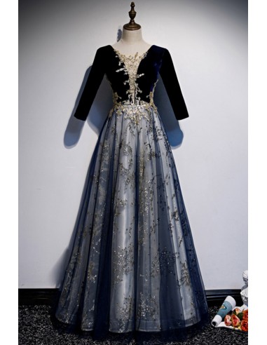 Elegant Long Prom Gown with Sleeves And Gold Beading