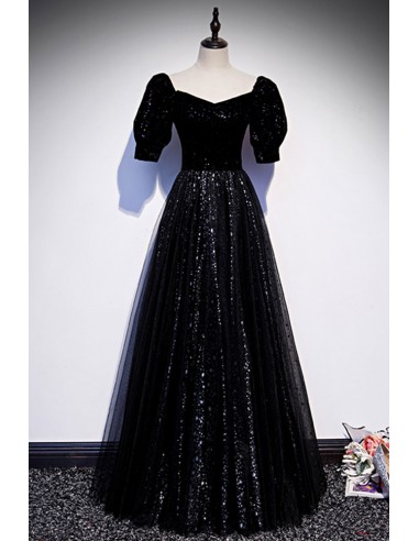 Long Black Formal Dress with Bubble Sleeves And Shimmering Details