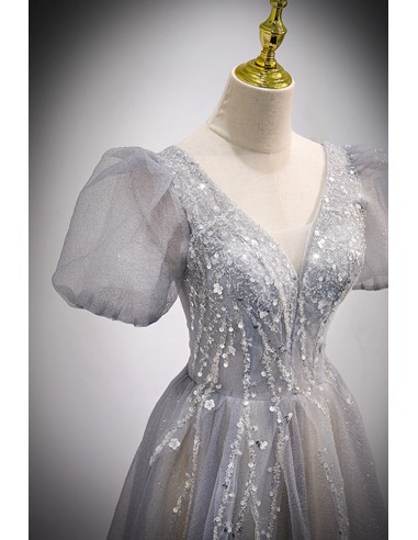 Silver Grey Satin V-Neck Lace-Up Prom Dress with Flare Sleeves