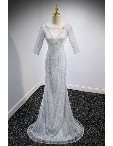 Elegant Mermaid Evening Gown with Sleeves In Shimmering Silver Sequins