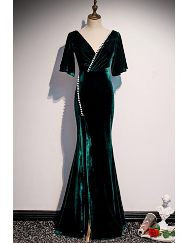 Green Velvet Evening Gown with Beaded Accents And V-neckline