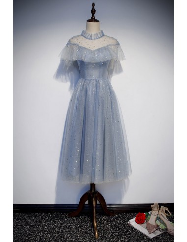 Dusty Blue Tulle Tea-length Party Dress with Sparkling Stars