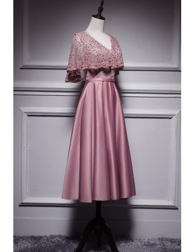 V-neck Beaded Cape-style Tea-length Satin Party Dress - $99.992 #V78315 ...