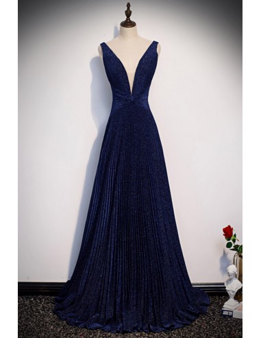 Navy Blue Metallic Prom Dress with Pleated Design And Deep V-neckline