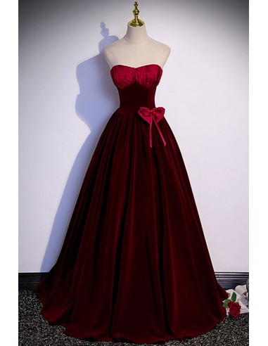 Sophisticated Burgundy Long Velvet Strapless Evening Dress