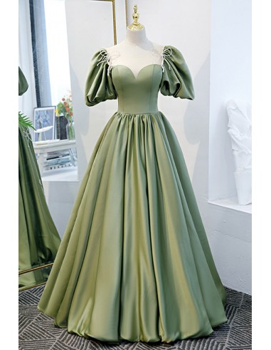 Elegant Green Satin Prom Dress with Princess Bubble Sleeves