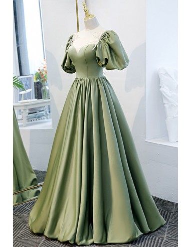 Elegant Green Satin Prom Dress with Princess Bubble Sleeves - $136.992 ...