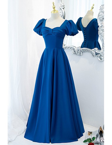 Vintage A line Square Blue Satin Prom Dresses Ruffles Evening Gowns Evening Dress DP1882