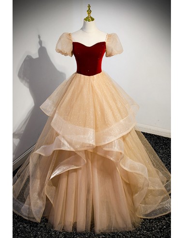 Chic Gold Bling Ruffled Tulle Ballgown Prom Dress with Short Sleeves For A Unique Look