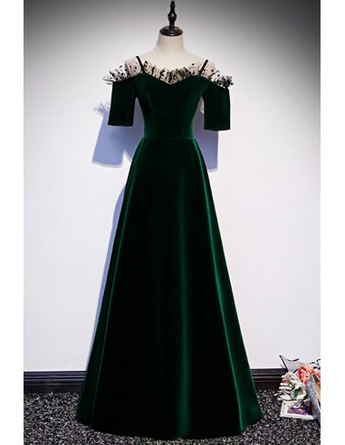 Long Velvet Aline Evening Gown In Rich Dark Green