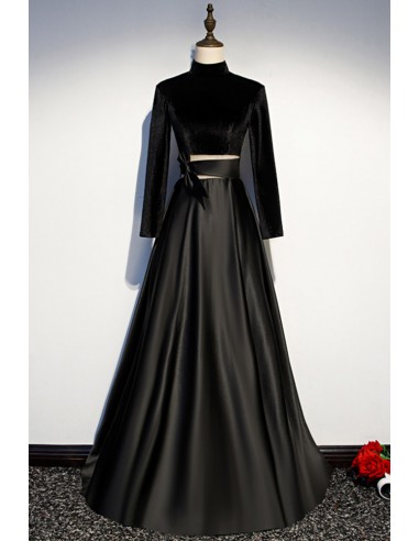 Formal Long Black Dress with Cutout Sash And High Neckline