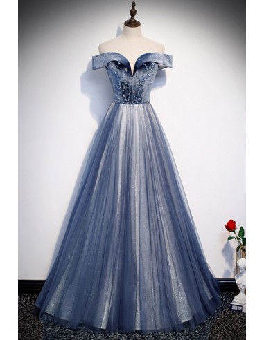 Off-the-shoulder Blue Beaded Long Tulle Evening Gown For Proms