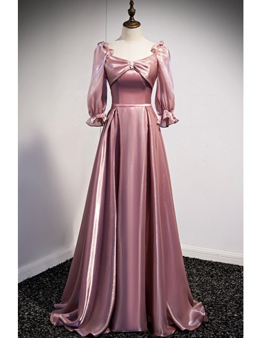 Long Pink Party Dress with Chic Lantern Sleeves