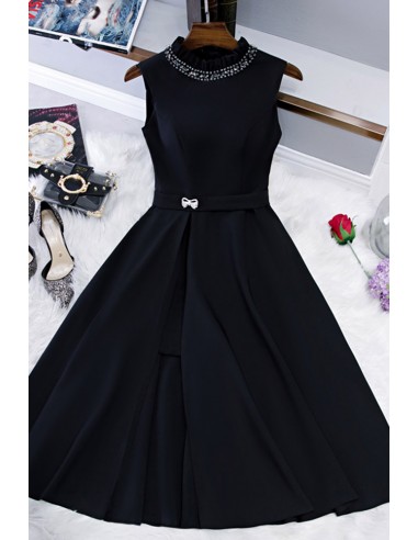 Sparkling Sequined Neckline Black Semi-formal Tea-length Party Dress