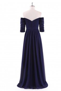 Navy Blue Off-the-Shoulder Evening Gown with Sweetheart Neckline - EP07411NB