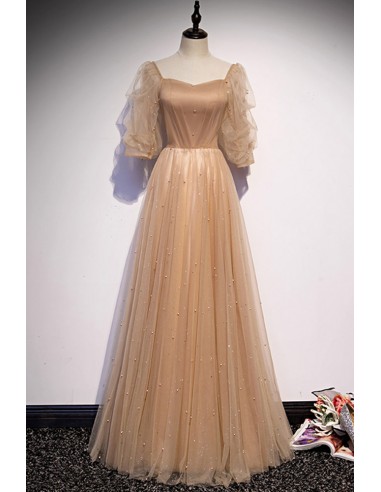 Champagne Prom Gown with Half Sleeves Beadings