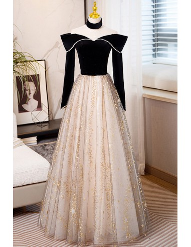 Stylish Off-shoulder Long-sleeved Velvet And Tulle Evening Gown