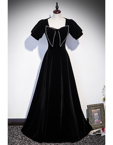 Chic Formal Prom Dress In Long Black Velvet with Beaded Bow Knot