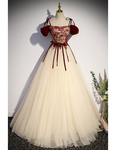 Champagne Long Tulle Prom Dress Adorned with Flowers