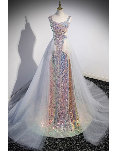 Dazzling Sequined Long Prom Dress with Convertible Train