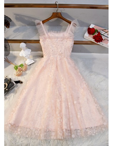 Adorable Pink Tea-length Dress with Shoulder Straps For Special Occasions -  $89.992 #V78281 - SheProm.com