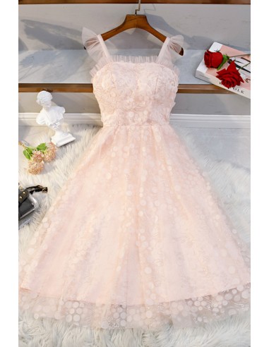 Adorable Pink Tea-length Dress with Shoulder Straps For Special Occasions