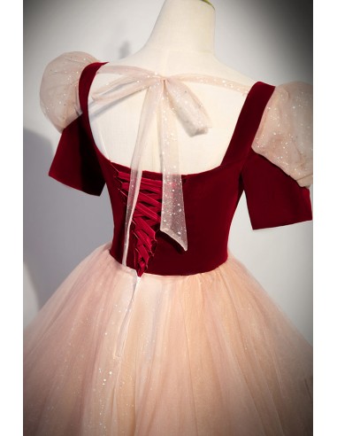 Sparkle Tulle with Velvet Short Sleeves Long Formal Dress, Bridesmaid Dress