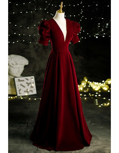 Elegant Vneck Burgundy Velvet Dress with Keyhole Back Design