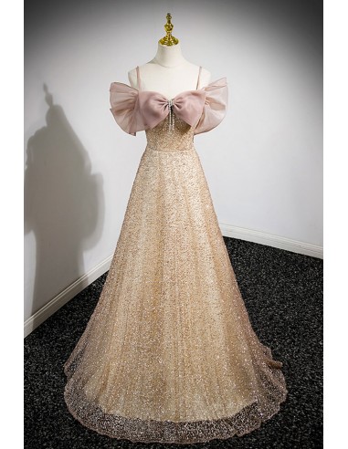 Absolutely Stunning Champagne Sequin Long Prom Dress with Oversized Bow Sleeves