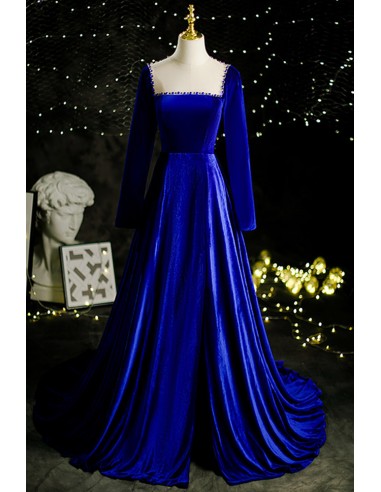 Royal Blue Long Velvet Gown with Open Back Beadings