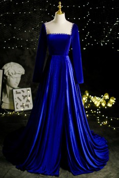 Royal Blue Long Velvet Gown with Open Back Beadings - $157.992 #V78185 