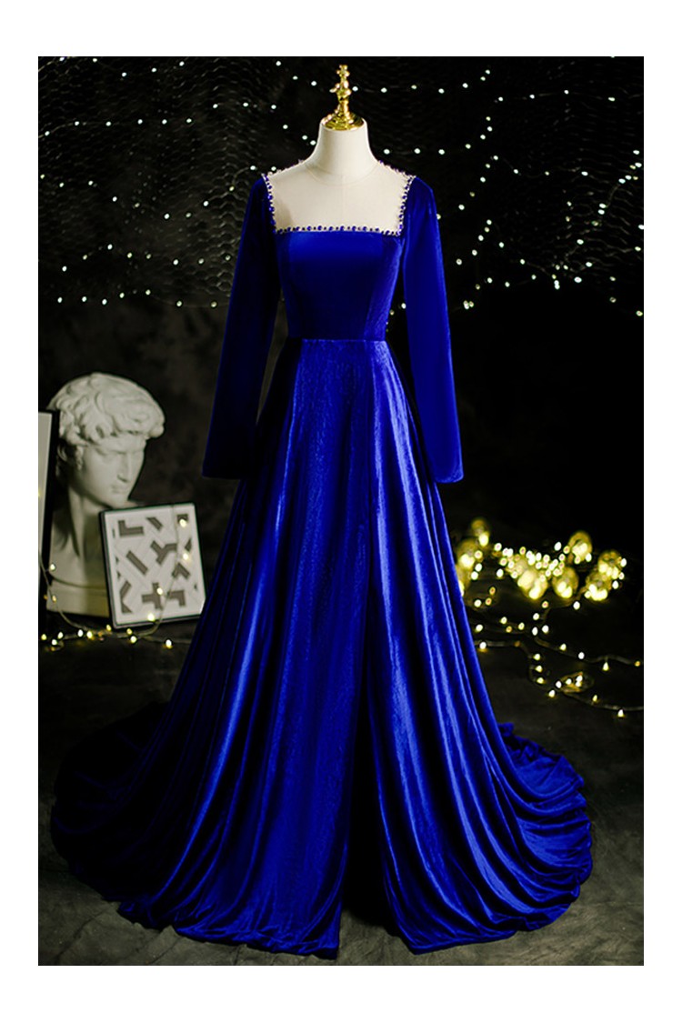 Royal Blue Long Velvet Gown with Open Back Beadings - $157.992 #V78185 