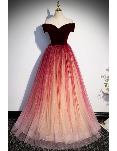 Chic Off-the-shoulder Ombre Bling Tulle Prom Dress with Sash