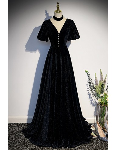 Chic Long Black Velvet Formal Dress with Sleeves And V-cut Neck
