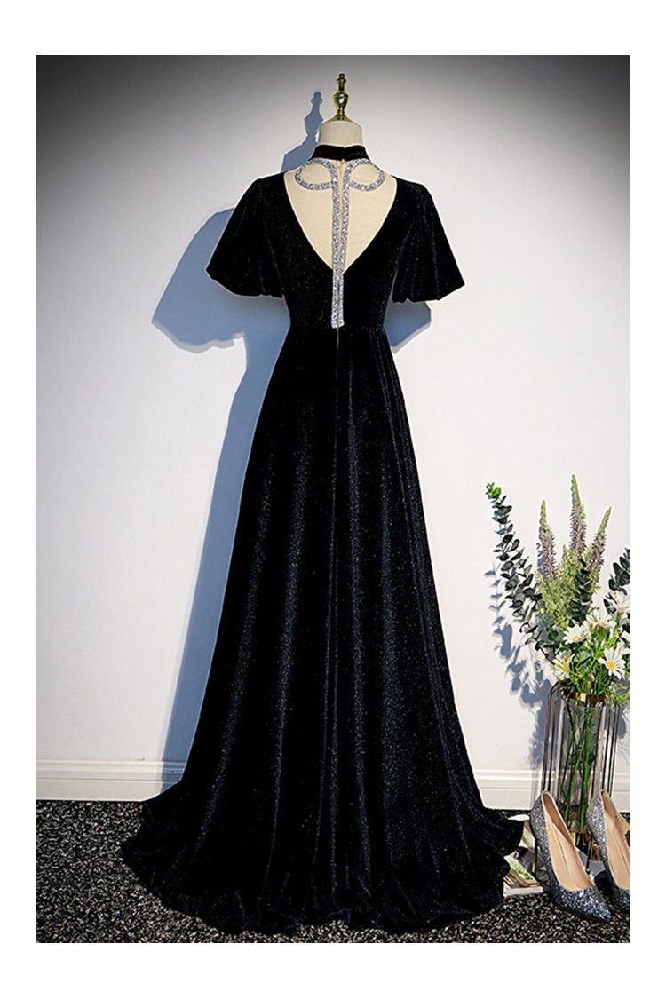 Chic Long Black Velvet Formal Dress With Sleeves And V-cut Neck - $145. 