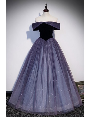 Elegant Prom Gown Mystery Purple with Bling Tulle And Off-the-shoulder