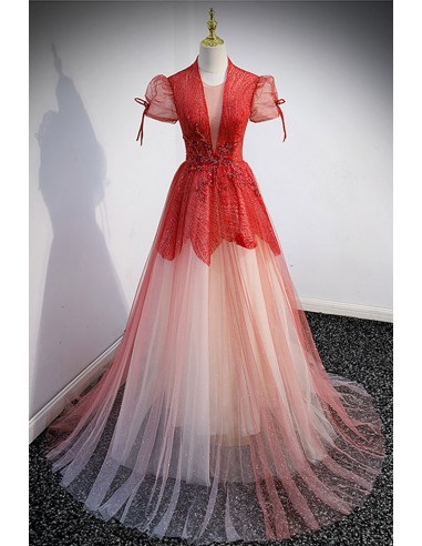 Unique V-neck Prom Dress In Red with Sequins And Tulle