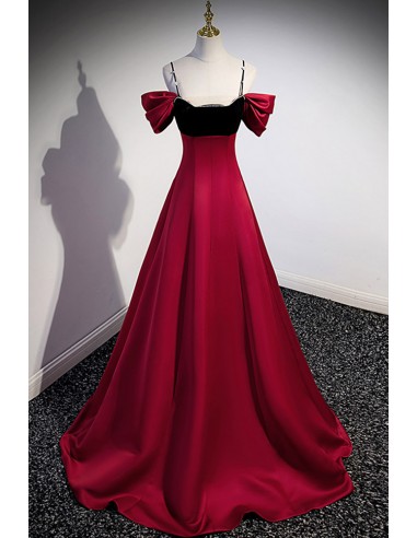 Thin Long Burgundy Satin Evening Prom Dress with Shoulder Straps