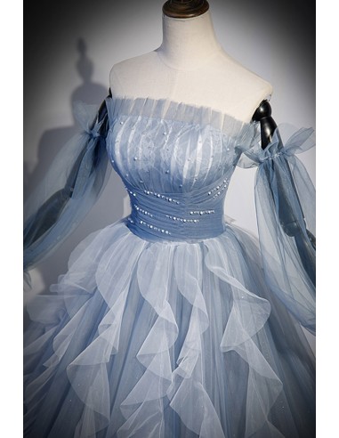 Majestic Blue Fantasy Ruffled Tulle Ballgown Prom Dress with Long Sleeves - $174.992 #V78027 - SheProm.com Majestic Blue Fantasy Ruffled Tulle Ballgown Prom Dress with Long Sleeves - $174.992 #V78027 - SheProm.com