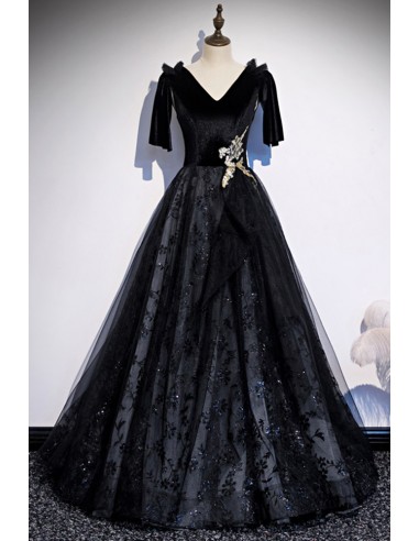 Formal Long Black V-neck Gown with Sparkling Sequins For Prom