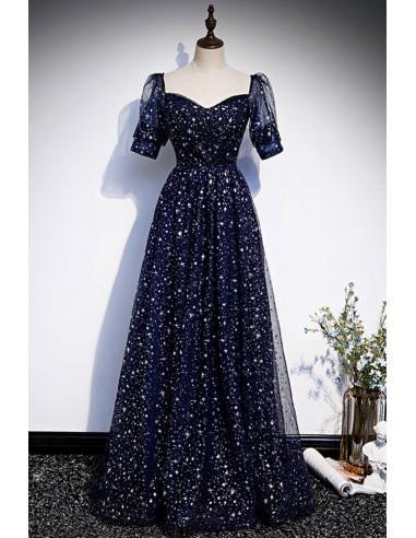 Dark Navy Prom Gown with Starry Bling And Covered Sleeve