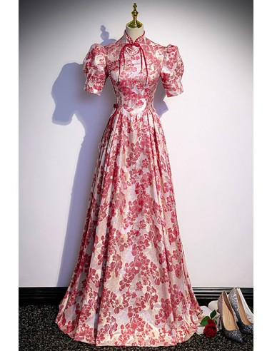 Distinctive Floral Design Chipao Style Long Formal Dress with High Neck