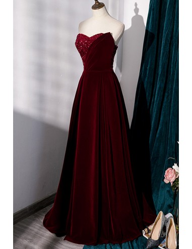 Elegant Strapless Evening Dress with Burgundy Velvet And Sparkling Sequins