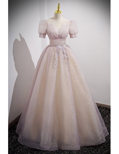 Dusty Long Formal Gown with Exquisite Bling In Tulle And Short Sleeves