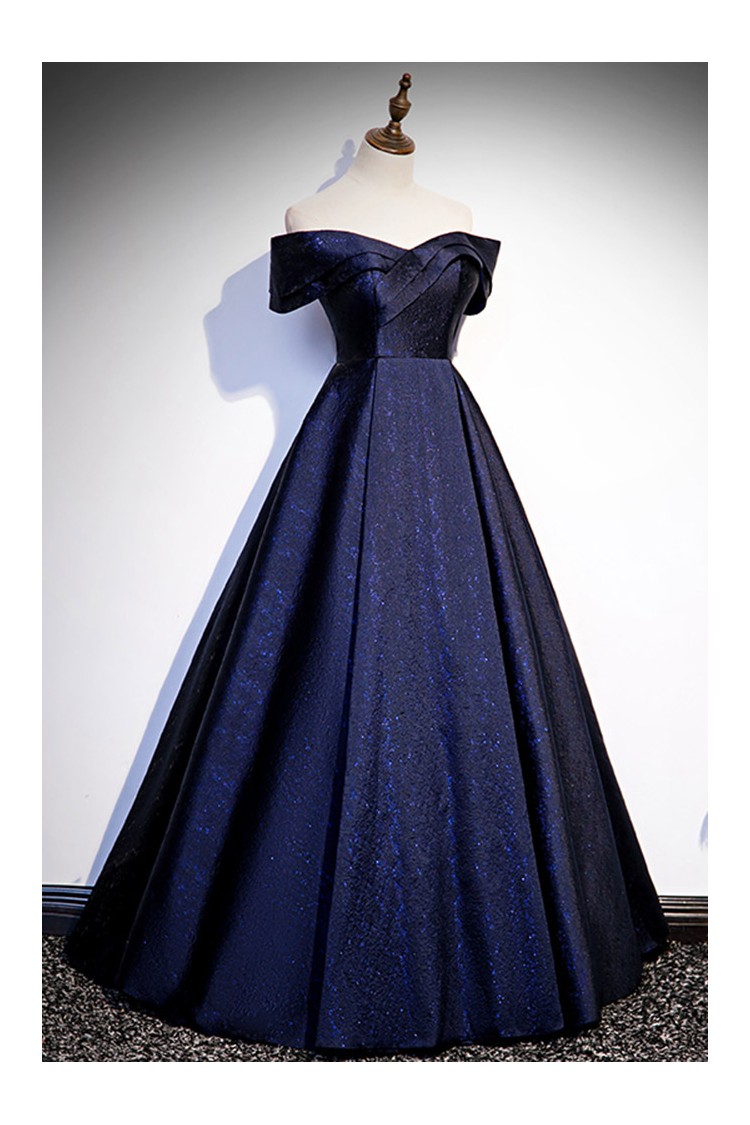 Navy Blue Prom Gown with Off-shoulder Design And Full Length Skirt ...