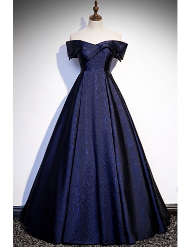 Navy Blue Prom Gown with Off-shoulder Design And Full Length Skirt