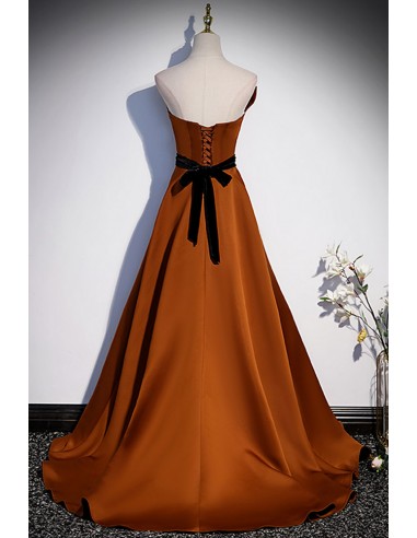 Sophisticated Brown Satin Strapless Prom Dress with Elegant Ruffle Details  - $129.992 #V78147 - SheProm.com